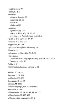 receptive phase 79
Reeder, K. 216
reflection:
reflective listening 99
student 92, 95, 99
teacher xi
relativism 228
repetition:
input flooding 150
lack of in Silent Way 61, 62, 77
necessity of in Audio-Lingual method 42
repetition drill technique 37, 47
Richards, J. x, 224, 233
Riggenbach, H. 150
right brain hemisphere, addressing 107
Rinpoche, S. 7
rods, as tool in Silent Way 54–7, 66
role-playing:
Communicative Language Teaching 118–19, 121, 127–8
Desuggestopedia 82
Rubin, J. 181
rule formation, language learning as 51
Samuda, V. 150, 151
Savignon, S. xi, 115
scaffolding 138, 139
Schleppegrell, M. 139
Schulze, M. 200n
‘second language’, non-use of term 13
Seidlhofer, B. 166
self-correction 27, 29, 32, 65, 66, 99, 177
self-evaluation 97, 175, 177
self-expression, language for 61–2
 