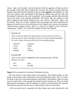 ‘noisy,’ ‘ugly,’ and ‘proudly,’ and are directed to find the opposites of these words in
the passage. When they have finished this exercise, the teacher reminds them that
English words that look like Spanish words are called cognates. The English ‘-ty,’ she
says, for example, often corresponds to the Spanish endings -dad and -tad. She calls
the students’ attention to the word ‘possibility’ in the passage and tells them that this
word is the same as the Spanish posibilidad. The teacher asks the students to find
other examples in the excerpt. Hands go up; a boy answers, ‘Obscurity.’ ‘Bien,’ says
the teacher. When all of these cognates from the passage have been identified, the
students are told to turn to the next exercise in the chapter and to answer the question,
‘What do these cognates mean?’ There is a long list of English words (‘curiosity,’
‘opportunity,’ ‘liberty,’ etc.), which the students translate into Spanish.
Figure 2.1 An example of a Grammar-Translation exercise
The next section of the chapter deals with grammar. The students follow in their
books as the teacher reads a description of two-word (phrasal) verbs. This is a review
for them as they have encountered phrasal verbs before. Nevertheless, there are some
new two-word verbs in the passage the students haven’t learned yet. These are listed
following the description, and the students are asked to translate them into Spanish.
Then they are given the rule for use of a direct object with two-word verbs:
If the two-word verb is separable, the direct object may come between the verb
 