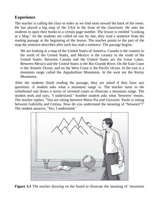 Experience
The teacher is calling the class to order as we find seats toward the back of the room.
He has placed a big map of the USA in the front of the classroom. He asks the
students to open their books to a certain page number. The lesson is entitled ‘Looking
at a Map.’ As the students are called on one by one, they read a sentence from the
reading passage at the beginning of the lesson. The teacher points to the part of the
map the sentence describes after each has read a sentence. The passage begins:
We are looking at a map of the United States of America. Canada is the country to
the north of the United States, and Mexico is the country to the south of the
United States. Between Canada and the United States are the Great Lakes.
Between Mexico and the United States is the Rio Grande River. On the East Coast
is the Atlantic Ocean, and on the West Coast is the Pacific Ocean. In the east is a
mountain range called the Appalachian Mountains. In the west are the Rocky
Mountains.
After the students finish reading the passage, they are asked if they have any
questions. A student asks what a mountain range is. The teacher turns to the
whiteboard and draws a series of inverted cones to illustrate a mountain range. The
student nods and says, ‘I understand.’ Another student asks what ‘between’ means.
The teacher replies, ‘You are sitting between Maria Pia and Giovanni. Paolo is sitting
between Gabriella and Cettina. Now do you understand the meaning of “between”?’
The student answers, ‘Yes, I understand.’
Figure 3.1 The teacher drawing on the board to illustrate the meaning of ‘mountain
 