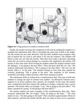 Figure 4.1 Using pictures to conduct a sentence drill
Finally, the teacher increases the complexity of the task by leading the students in a
multiple-slot substitution drill. This is essentially the same type of drill as the single-
slot the teacher has just used. However with this drill, students must recognize what
part of speech the cue word is and where it fits into the sentence. The students still
listen to only one cue from the teacher. Then they must make a decision concerning
where the cue word or phrase belongs in a sentence also supplied by the teacher. The
teacher in this class starts off by having the students repeat the original sentence from
the dialogue, ‘I am going to the post office.’ Then she gives them the cue ‘she.’ The
students understand and produce, ‘She is going to the post office.’ The next cue the
teacher offers is ‘to the park.’ The students hesitate at first; then they respond by
correctly producing, ‘She is going to the park.’ She continues in this manner,
sometimes providing a subject pronoun, other times naming a location.
The substitution drills are followed by a transformation drill. This type of drill asks
students to change one type of sentence into another—an affirmative sentence into a
negative or an active sentence into a passive, for example. In this class, the teacher
uses a substitution drill that requires the students to change a statement into a yes/no
question. The teacher offers an example, ‘I say, “She is going to the post office.” You
make a question by saying, “Is she going to the post office?” ‘
The teacher models two more examples of this transformation, then asks, ‘Does
everyone understand? OK, let’s begin: “They are going to the bank.” ‘ The class
replies in turn, ‘Are they going to the bank?’ They transform approximately fifteen of
these patterns, and then the teacher decides they are ready to move on to a question-
 