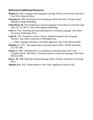 References/Additional Resources
Brooks, N. 1964. Language and Language Learning: Theory and Practice (2nd edn.).
New York: Harcourt Brace.
Chastain, K. 1988. Developing Second-language Skills (3rd edn.). Chicago: Rand
McNally College Publishing.
Finocchiaro, M. 1974. English as a Second Language: From Theory to Practice (2nd
edn.). 62–72, 168–72. New York: Regents Publishing.
Fries, C. 1945. Teaching and Learning English as a Foreign Language. Ann Arbor:
University of Michigan Press.
Lado, R. 1957. Linguistics Across Cultures: Applied Linguistics for Language
Teachers. Ann Arbor: University of Michigan Press.
____. 1964. Language Teaching: A Scientific Approach. New York: McGraw-Hill.
Paulston, C. 1971. ‘The sequencing of structural pattern drills.’ TESOL Quarterly
5/3, 197–208.
Prator, C. 1965. ‘Development of a manipulative-communication scale’ in R.
Campbell and H. Allen (eds.). Teaching English as a Second Language. New York:
McGraw-Hill.
Rivers, W. 1968. Teaching Foreign Language Skills. Chicago: University of Chicago
Press.
Skinner, B. F. 1957. Verbal Behavior. New York: Appleton-Century-Crofts.
 