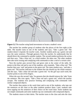 Figure 5.2 The teacher using hand movements to locate a student’s error
The teacher has another group of students take the places of the first eight at the
table. The teacher turns to one of the students and says, ‘Take a green rod.’ The
student doesn’t respond; the teacher waits. Another student picks up a green rod and
says the same sentence. Through gestures from the teacher, he understands that he
should direct the command to another student. The second student performs the action
and then says, ‘Take a blue rod,’ to a third student. He takes one. The other students
then take turns issuing and complying with commands to take a rod of a certain color.
Next the teacher puts several blue and green rods in the center of the table. He
points to the blue rod and to one of the students, who responds, ‘Take a blue rod.’ The
teacher then says ‘and’ and points to the green rod. The same student says, ‘and take a
green rod.’ The teacher indicates to the student that she should say the whole sentence
and she says, ‘Take a blue rod and take a green rod.’ As the girl says each word, the
teacher points to one of his fingers.
When she says the second ‘take,’ he gestures that she should remove the ‘take’ from
the sentence. She tries again, ‘Take a blue rod and a green rod,’ which the teacher
accepts. The students now practice forming and complying with commands with
similar compound objects.
The teacher then points to the word chart and to one of the students, who taps out
the sentences on the chart as the other students produce them. Later, students take
turns tapping out the sentences of their choice on the word chart. Some students tap
out simple commands and some students tap out commands with compound objects.
The students return to their desks. The teacher turns to the class and asks the class
 