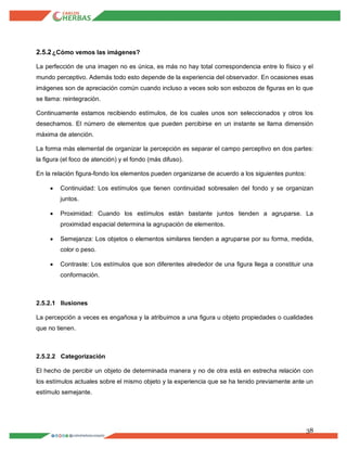 38
2.5.2¿Cómo vemos las imágenes?
La perfección de una imagen no es única, es más no hay total correspondencia entre lo físico y el
mundo perceptivo. Además todo esto depende de la experiencia del observador. En ocasiones esas
imágenes son de apreciación común cuando incluso a veces solo son esbozos de figuras en lo que
se llama: reintegración.
Continuamente estamos recibiendo estímulos, de los cuales unos son seleccionados y otros los
desechamos. El número de elementos que pueden percibirse en un instante se llama dimensión
máxima de atención.
La forma más elemental de organizar la percepción es separar el campo perceptivo en dos partes:
la figura (el foco de atención) y el fondo (más difuso).
En la relación figura-fondo los elementos pueden organizarse de acuerdo a los siguientes puntos:
 Continuidad: Los estímulos que tienen continuidad sobresalen del fondo y se organizan
juntos.
 Proximidad: Cuando los estímulos están bastante juntos tienden a agruparse. La
proximidad espacial determina la agrupación de elementos.
 Semejanza: Los objetos o elementos similares tienden a agruparse por su forma, medida,
color o peso.
 Contraste: Los estímulos que son diferentes alrededor de una figura llega a constituir una
conformación.
2.5.2.1 Ilusiones
La percepción a veces es engañosa y la atribuimos a una figura u objeto propiedades o cualidades
que no tienen.
2.5.2.2 Categorización
El hecho de percibir un objeto de determinada manera y no de otra está en estrecha relación con
los estímulos actuales sobre el mismo objeto y la experiencia que se ha tenido previamente ante un
estímulo semejante.
 