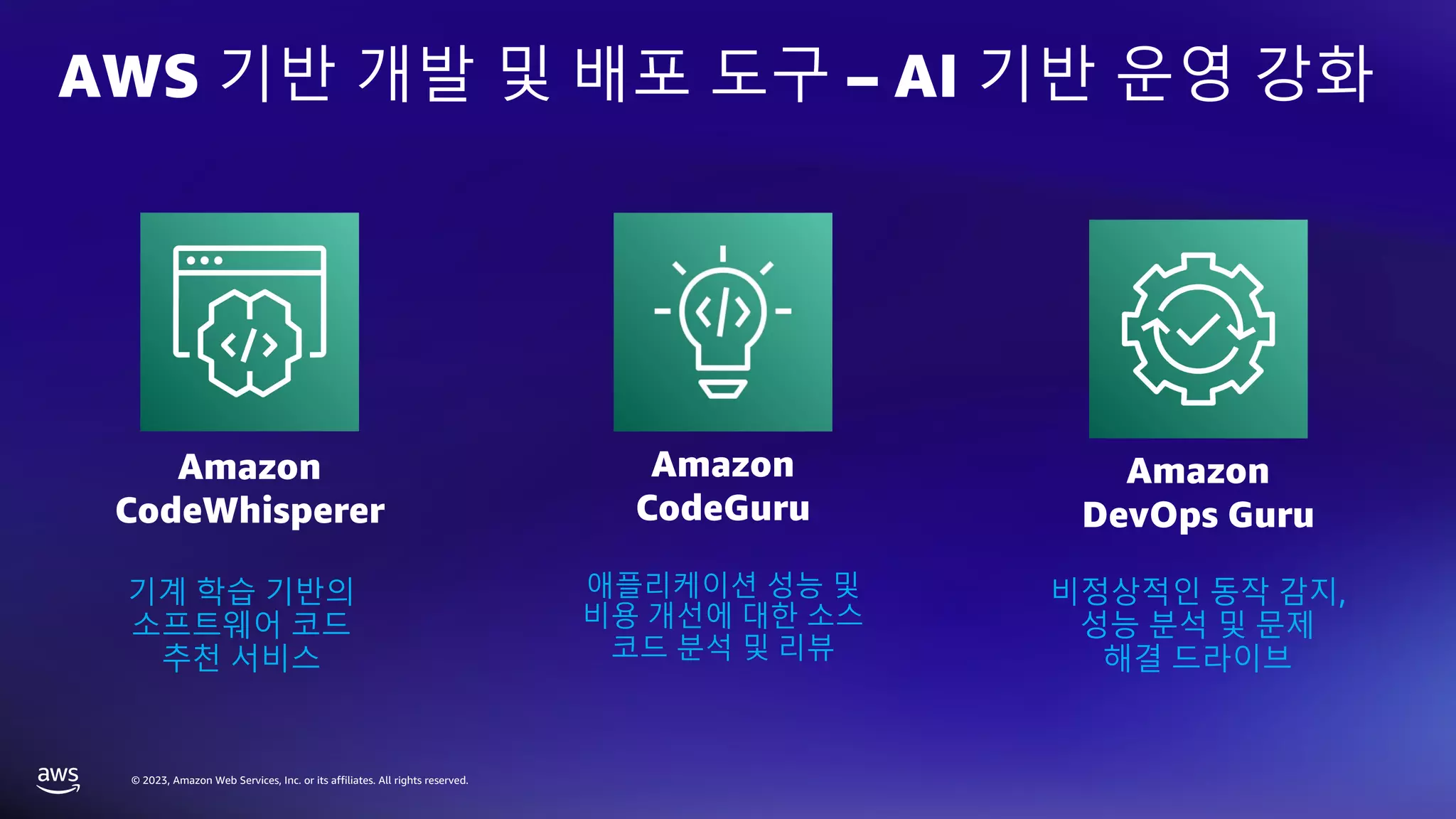 © 2023, Amazon Web Services, Inc. or its affiliates. All rights reserved.
Amazon
DevOps Guru
비정상적인 동작 감지,
성능 분석 및 문제
해결 드라이브
Amazon
CodeGuru
애플리케이션 성능 및
비용 개선에 대한 소스
코드 분석 및 리뷰
기계 학습 기반의
소프트웨어 코드
추천 서비스
Amazon
CodeWhisperer
AWS 기반 개발 및 배포 도구 – AI 기반 운영 강화
 
