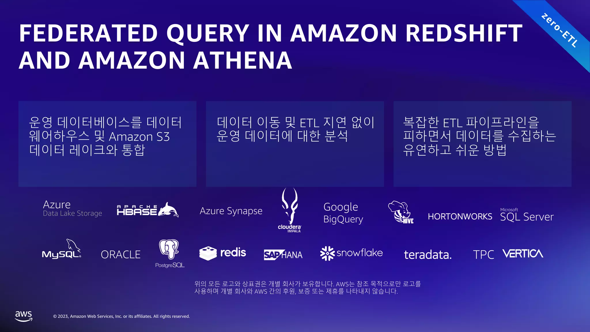 © 2023, Amazon Web Services, Inc. or its affiliates. All rights reserved.
FEDERATED QUERY IN AMAZON REDSHIFT
AND AMAZON ATHENA
zero-ETL
운영 데이터베이스를 데이터
웨어하우스 및 Amazon S3
데이터 레이크와 통합
데이터 이동 및 ETL 지연 없이
운영 데이터에 대한 분석
복잡한 ETL 파이프라인을
피하면서 데이터를 수집하는
유연하고 쉬운 방법
Azure Synapse Microsoft
SQL Server
ORACLE
Azure
Data Lake Storage
Google
BigQuery HORTONWORKS
teradata. TPC
위의 모든 로고와 상표권은 개별 회사가 보유합니다. AWS는 참조 목적으로만 로고를
사용하며 개별 회사와 AWS 간의 후원, 보증 또는 제휴를 나타내지 않습니다.
 