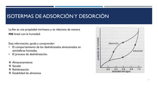 ISOTERMAS DE ADSORCIÓN Y DESORCIÓN
La Aw es una propiedad intrínseca y se relaciona de manera
no lineal con la humedad.
11
Esta información, ayuda a comprender:
• El comportamiento de los deshidratados almacenados en
atmósferas húmedas.
• El proceso de deshidratación.
❖ Almacenamiento
❖ Secado
❖ Rehidratación
❖ Estabilidad de alimentos
 