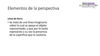 Elementos de la perspectiva
Línea de tierra
• Se trata de una línea imaginaria
sobre la cual se apoya el objeto
representado, y que por lo tanto
representa a su vez la presencia
de la superficie que lo sostiene.
 