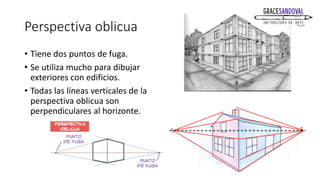 Perspectiva oblicua
• Tiene dos puntos de fuga.
• Se utiliza mucho para dibujar
exteriores con edificios.
• Todas las líneas verticales de la
perspectiva oblicua son
perpendiculares al horizonte.
 