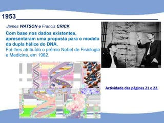 Actividade das páginas 21 e 22.
1953________________________________________
James WATSON e Francis CRICK
Com base nos dados existentes,
apresentaram uma proposta para o modelo
da dupla hélice do DNA.
Foi-lhes atribuído o prémio Nobel de Fisiologia
e Medicina, em 1962.
 