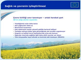 Sağlık ve çevrenin iyileştirilmesi
Çevre kirliliği sınır tanımıyor – ortak hareket şart
AB’nin attığı adımlar sayesinde:
4 Yüzdüğümüz sular daha temiz
4 Asit yağmurları daha az
4 Benzinimiz kurşunsuz
4 Eski elektronik araçlar güvenli şekilde bertaraf ediliyor
4 Tarladan sofraya kadar gıda güvenliğinde sıkı kurallar uygulanıyor
4 Organik ve kaliteli tarım faaliyetlerinde artış söz konusu
4 Sigaralar üzerinde sağlıkla ilgili daha etkili uyarılar yer alıyor
4 Tüm kimyasallar kayıt altında ve kontrole tabi tutuluyor (REACH)
©
Van
Parys
Media
 