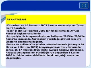 AB ANAYASASI
•13 Haziran ve 10 Temmuz 2003 Avrupa Konvansiyonu Tasarı
metni hazırladı.
•Tasarı metin 18 Temmuz 2003 tarihinde Roma'da Avrupa
Konseyi Başkanına sunuldu.
•Avrupa için bir Anayasa oluşturan Antlaşma 29 Ekim 2004'de
Roma'da imzalandı. Anayasanın yürürlüğe girmesi tüm üye
ülkelerin onamasına bağlıdır.
•Fransa ve Hollanda'da yapılan referandumlarda (sırasıyla 29
Mayıs ve 1 Haziran 2005) Anayasaya hayır oyu çıkmasından
sonra, 16-17 Haziran 2005 tarihli Avrupa Konseyi zirvesinde,
Anayasa Antlaşmasının yürürlüğü için öngörülen 1 Kasım
2006 tarihinin imkan dahilinde olmaktan çıktığı sonucuna
ulaşılmıştır.
 
