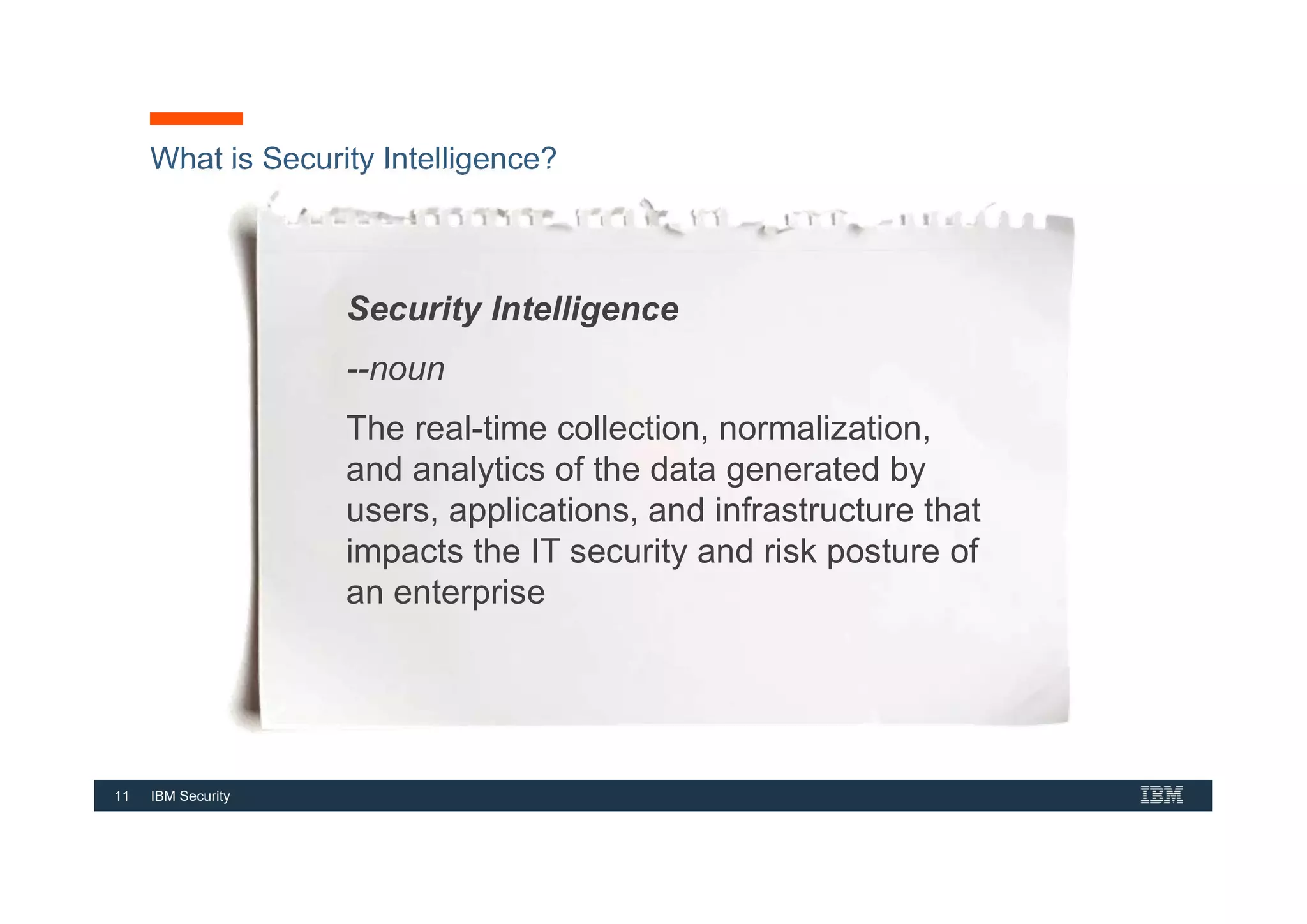 11 IBM Security
What is Security Intelligence?
Security Intelligence
--noun
The real-time collection, normalization,
and analytics of the data generated by
users, applications, and infrastructure that
impacts the IT security and risk posture of
an enterprise
 