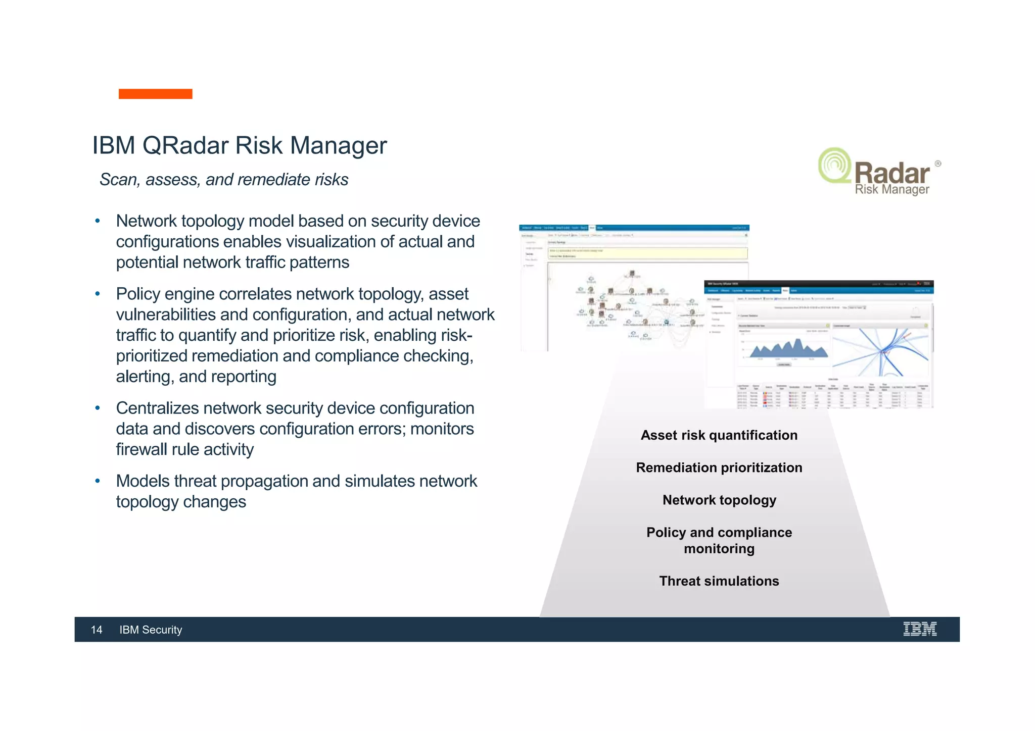 14 IBM Security
• Network topology model based on security device
configurations enables visualization of actual and
potential network traffic patterns
• Policy engine correlates network topology, asset
vulnerabilities and configuration, and actual network
traffic to quantify and prioritize risk, enabling risk-
prioritized remediation and compliance checking,
alerting, and reporting
• Centralizes network security device configuration
data and discovers configuration errors; monitors
firewall rule activity
• Models threat propagation and simulates network
topology changes
Scan, assess, and remediate risks
Asset risk quantification
Remediation prioritization
Network topology
Policy and compliance
monitoring
Threat simulations
IBM QRadar Risk Manager
 