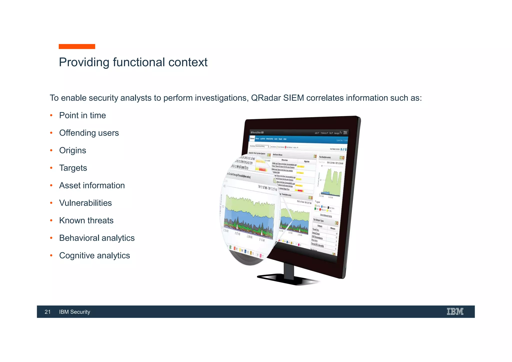 21 IBM Security
Providing functional context
To enable security analysts to perform investigations, QRadar SIEM correlates information such as:
• Point in time
• Offending users
• Origins
• Targets
• Asset information
• Vulnerabilities
• Known threats
• Behavioral analytics
• Cognitive analytics
21
 