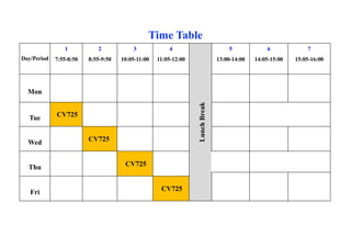 Day/Period
1
7:55-8:50
2
8:55-9:50
3
10:05-11:00
4
11:05-12:00
Lunch
Break
5
13:00-14:00
6
14:05-15:00
7
15:05-16:00
Mon
Tue CV725
Wed CV725
Thu CV725
Fri CV725
Time Table
 