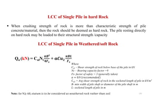 132
LCC of Single Pile in hard Rock
§ When crushing strength of rock is more than characteristic strength of pile
concrete/material, then the rock should be deemed as hard rock. The pile resting directly
on hard rock may be loaded to their structural strength /capacity
LCC of Single Pile in Weathered/soft Rock
Qu (kN) = CulNc
!"#
$%&
+ '()#
!"*
%&
Where
Cul - Shear strength of rock below base of the pile in kN
Nc – Bearing capacity factor =9
Fs- factor of safety = 3 (generally taken)
+ = 0.9 01223415616
782 = Avg shear strength of rock in the socketed length of pile in kN/m2
B- min width of pile shaft or diameter of the pile shaft in m
L- socketed length of pile in m
Note: for N≥ 60, =>?>84 @= >3 A1 235=@61016 ?= B1?>ℎ1016 032D 0?>ℎ10 >ℎ?5 =3@E
 