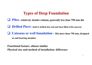 Types of Deep Foundation
q Piles- relatively slender column, generally less than 750 mm dia
q Drilled Piers- shaft is drilled into soil and then filled with concrete
q Caissons or well foundation - Dia more than 750 mm, designed
as end bearing member
Functional feature- almost similar
Physical size and method of installation- difference
28
 