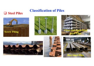 Screw Piling
Box Steel Piles
Close end open Steel
pipe Piles
q Steel Piles
Classification of Piles
46
 