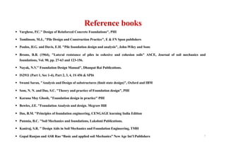 Reference books
§ Varghese, P.C." Design of Reinforced Concrete Foundations", PHI
§ Tomlinson, M.J., "Pile Design and Construction Practice", E & FN Spon publishers
§ Poulos, H.G. and Davis, E.H. "Pile foundation design and analysis", John-Wiley and Sons
§ Broms, B.B. (1964), "Lateral resistance of piles in cohesive and cohesion soils" ASCE, Journal of soil mechanics and
foundations, Vol. 90, pp. 27-63 and 123-156.
§ Nayak, N.V." Foundation Design Manual", Dhanpat Rai Publications.
§ IS2911 (Part 1, Sec 1-4), Part 2, 3, 4, 1S 456 & SPI6
§ Swami Saran, "Analysis and Design of substructures (limit state design)", Oxford and IBM
§ Som, N. N. and Das, S.C. "Theory and practice of Foundation design", PHI
§ Karuna Moy Ghosh, "Foundation design in practice" PHI
§ Bowles, J.E. "Foundation Analysis and design. Mcgraw Hill
§ Das, B.M. "Principles of foundation engineering, CENGAGE learning India Edition
§ Punmia, B.C. "Soil Mechanics and foundations, Lakshmi Publications.
§ Kaniraj, S.R. " Design Aids in Soil Mechanics and Foundation Engineering, TMH
§ Gopal Ranjan and ASR Rao “Basic and applied soil Mechanics” New Age Int’l Publishers 7
 