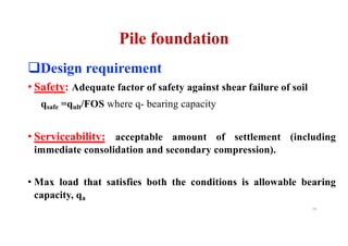 Pile foundation
qDesign requirement
• Safety: Adequate factor of safety against shear failure of soil
qsafe =qult/FOS where q- bearing capacity
• Serviceability: acceptable amount of settlement (including
immediate consolidation and secondary compression).
• Max load that satisfies both the conditions is allowable bearing
capacity, qa
74
 