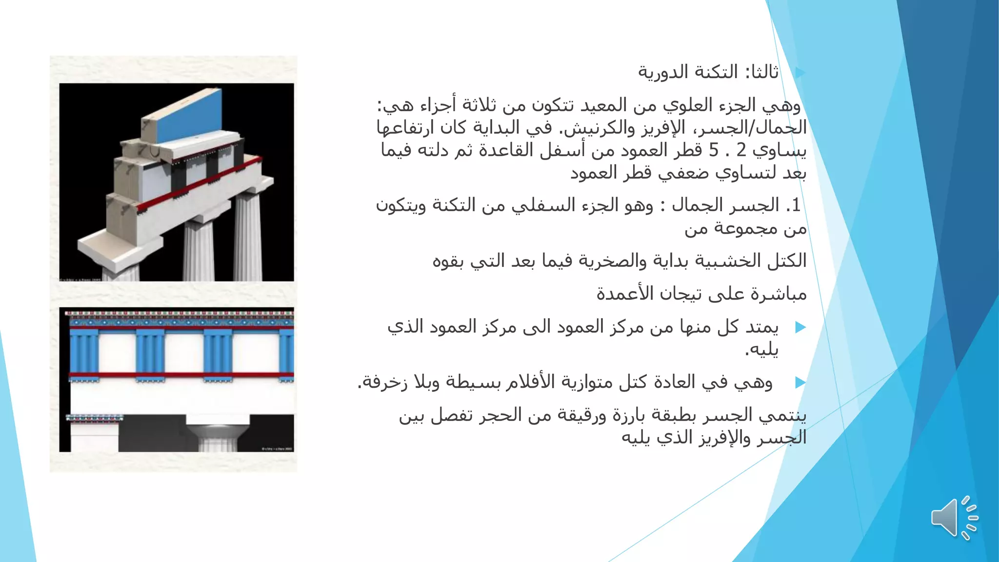 
‫ثالثا‬
:
‫التكنة‬
‫الدورية‬
‫هي‬ ‫أجزاء‬ ‫ثالثة‬ ‫من‬ ‫تتكون‬ ‫المعيد‬ ‫من‬ ‫العلوي‬ ‫الجزء‬ ‫وهي‬
:
‫الحمال‬
/
‫والكرنيش‬ ‫اإلفريز‬ ،‫الجسر‬
.
‫ارتفاع‬ ‫كان‬ ‫البداية‬ ‫في‬
‫ها‬
‫يساوي‬
2
.
5
‫فيما‬ ‫دلته‬ ‫ثم‬ ‫القاعدة‬ ‫أسفل‬ ‫من‬ ‫العمود‬ ‫قطر‬
‫قطر‬ ‫ضعفي‬ ‫لتساوي‬ ‫بعد‬
‫العمود‬
1
.
‫الجسر‬
‫الجمال‬
:
‫ويتكون‬ ‫التكنة‬ ‫من‬ ‫السفلي‬ ‫الجزء‬ ‫وهو‬
‫من‬ ‫مجموعة‬ ‫من‬
‫بقوه‬ ‫التي‬ ‫بعد‬ ‫فيما‬ ‫والصخرية‬ ‫بداية‬ ‫الخشبية‬ ‫الكتل‬
‫تيجان‬ ‫على‬ ‫مباشرة‬
‫األعمدة‬

‫يمتد‬
‫العمود‬ ‫مركز‬ ‫الى‬ ‫العمود‬ ‫مركز‬ ‫من‬ ‫منها‬ ‫كل‬
‫الذي‬
‫يليه‬
.

‫زخرف‬ ‫وبال‬ ‫بسيطة‬ ‫األفالم‬ ‫متوازية‬ ‫كتل‬ ‫العادة‬ ‫في‬ ‫وهي‬
‫ة‬
.
‫بي‬ ‫تفصل‬ ‫الحجر‬ ‫من‬ ‫ورقيقة‬ ‫بارزة‬ ‫بطبقة‬ ‫الجسر‬ ‫ينتمي‬
‫ن‬
‫يليه‬ ‫الذي‬ ‫واإلفريز‬ ‫الجسر‬
 