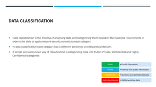 DATA CLASSIFICATION
 Data classification is the process of analysing data and categorizing them based on the business requirements in
order to be able to apply relevant security controls to each category.
 In data classification each category has a different sensitivity and requires protection.
 A simple and well-known way of classification is categorizing data into Public, Private, Confidential and Highly
Confidential categories
•Public information
Public
•Internal non-public information
Private
•Sensitive and Confidential data
Confidential
•Highly sensitive data
Highly Confidential
 