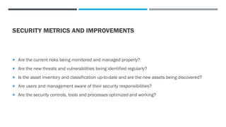 SECURITY METRICS AND IMPROVEMENTS
 Are the current risks being monitored and managed properly?
 Are the new threats and vulnerabilities being identified regularly?
 Is the asset inventory and classification up-to-date and are the new assets being discovered?
 Are users and management aware of their security responsibilities?
 Are the security controls, tools and processes optimized and working?
 