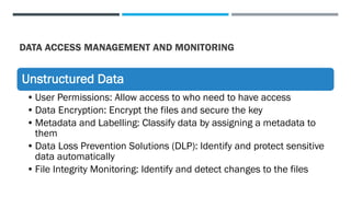 DATA ACCESS MANAGEMENT AND MONITORING
Unstructured Data
•User Permissions: Allow access to who need to have access
•Data Encryption: Encrypt the files and secure the key
•Metadata and Labelling: Classify data by assigning a metadata to
them
•Data Loss Prevention Solutions (DLP): Identify and protect sensitive
data automatically
•File Integrity Monitoring: Identify and detect changes to the files
 
