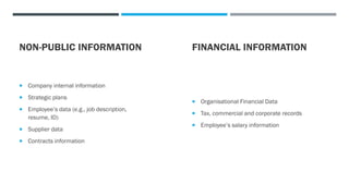 NON-PUBLIC INFORMATION
 Company internal information
 Strategic plans
 Employee’s data (e.g., job description,
resume, ID)
 Supplier data
 Contracts information
FINANCIAL INFORMATION
 Organisational Financial Data
 Tax, commercial and corporate records
 Employee’s salary information
 