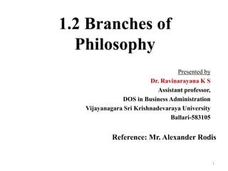 Presented by
Dr. Ravinarayana K S
Assistant professor,
DOS in Business Administration
Vijayanagara Sri Krishnadevaraya University
Ballari-583105
1
1.2 Branches of
Philosophy
Reference: Mr. Alexander Rodis
 