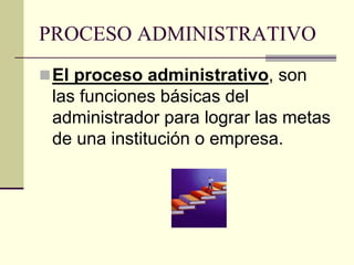 PROCESO ADMINISTRATIVO
El proceso administrativo, son
las funciones básicas del
administrador para lograr las metas
de una institución o empresa.
 