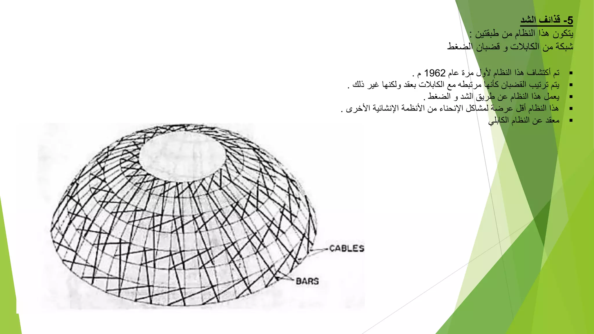5
-
‫الشد‬ ‫قذائف‬
‫طبقتين‬ ‫من‬ ‫النظام‬ ‫هذا‬ ‫يتكون‬
:
‫الضغط‬ ‫قضبان‬ ‫و‬ ‫الكابالت‬ ‫من‬ ‫شبكة‬

‫عام‬ ‫مرة‬ ‫ألول‬ ‫النظام‬ ‫هذا‬ ‫أكتشاف‬ ‫تم‬
1962
‫م‬
.

‫ذلك‬ ‫غير‬ ‫ولكنها‬ ‫بعقد‬ ‫الكابالت‬ ‫مع‬ ‫مرتبطه‬ ‫كأنها‬ ‫القضبان‬ ‫ترتيب‬ ‫يتم‬
.

‫الضغط‬ ‫و‬ ‫الشد‬ ‫طريق‬ ‫عن‬ ‫النظام‬ ‫هذا‬ ‫يعمل‬
.

‫األخرى‬ ‫اإلنشائية‬ ‫األنظمة‬ ‫من‬ ‫اإلنحناء‬ ‫لمشاكل‬ ‫عرضة‬ ‫أقل‬ ‫النظام‬ ‫هذا‬
.

‫الكابلي‬ ‫النظام‬ ‫عن‬ ‫معقد‬
 