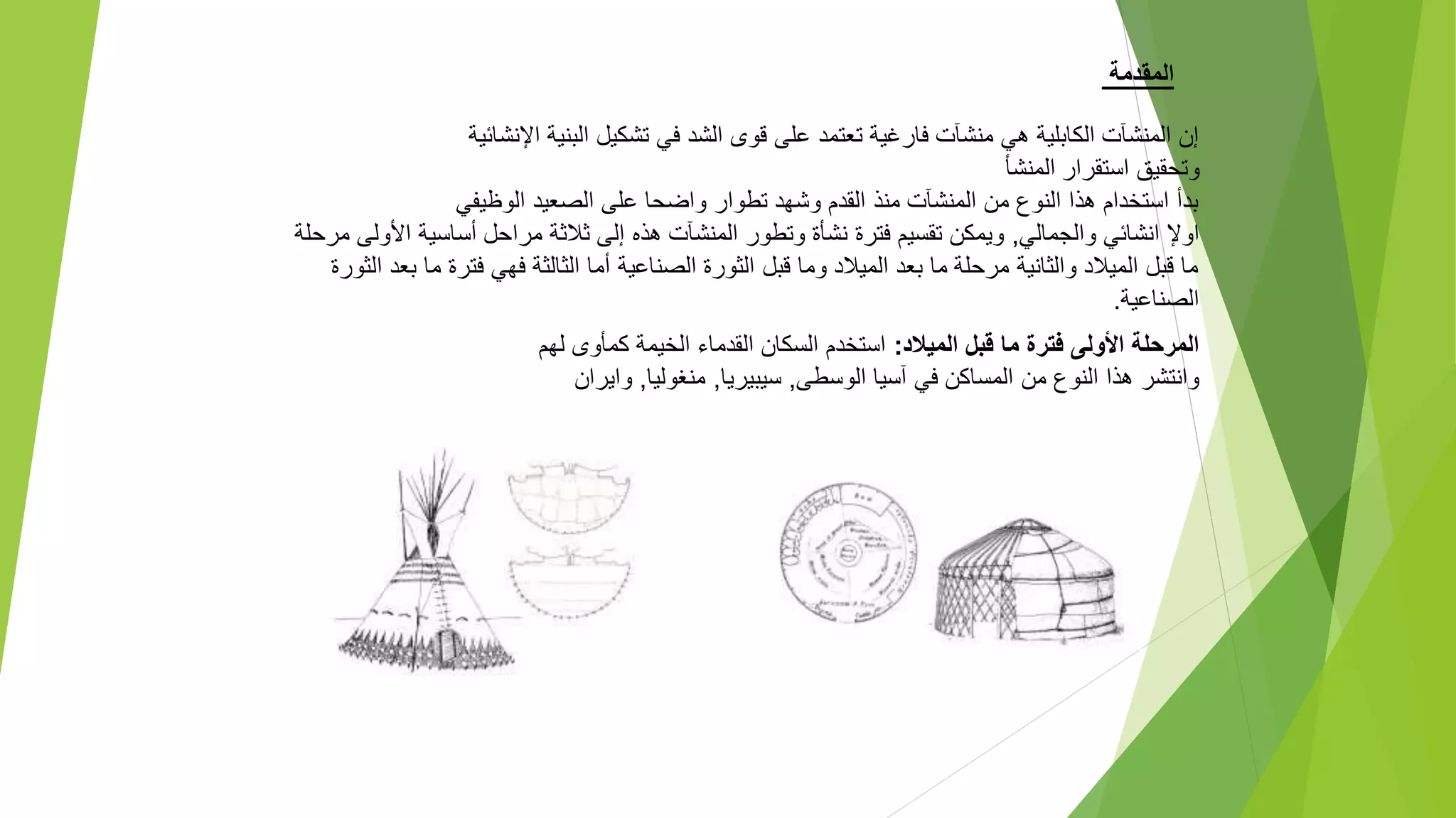 ‫المقدمة‬
‫فا‬ ‫منشآت‬ ‫هي‬ ‫الكابلية‬ ‫المنشآت‬ ‫إن‬
‫ر‬
‫اإلنشائية‬ ‫البنية‬ ‫تشكيل‬ ‫في‬ ‫الشد‬ ‫قوى‬ ‫على‬ ‫تعتمد‬ ‫غية‬
‫استقر‬ ‫وتحقيق‬
‫ا‬
‫المنشأ‬ ‫ر‬
‫الوظيفي‬ ‫الصعيد‬ ‫على‬ ‫واضحا‬ ‫تطوار‬ ‫وشهد‬ ‫القدم‬ ‫منذ‬ ‫المنشآت‬ ‫من‬ ‫النوع‬ ‫هذا‬ ‫استخدام‬ ‫بدأ‬
‫اوإل‬
‫ا‬
‫والجمالي‬ ‫نشائي‬
,
‫مر‬ ‫ثالثة‬ ‫إلى‬ ‫هذه‬ ‫المنشآت‬ ‫وتطور‬ ‫نشأة‬ ‫فترة‬ ‫تقسيم‬ ‫ويمكن‬
‫ا‬
‫مرحلة‬ ‫األولى‬ ‫أساسية‬ ‫حل‬
‫الثورة‬ ‫بعد‬ ‫ما‬ ‫فترة‬ ‫فهي‬ ‫الثالثة‬ ‫أما‬ ‫الصناعية‬ ‫الثورة‬ ‫قبل‬ ‫وما‬ ‫الميالد‬ ‫بعد‬ ‫ما‬ ‫مرحلة‬ ‫والثانية‬ ‫الميالد‬ ‫قبل‬ ‫ما‬
‫الصناعية‬
.
‫الميالد‬ ‫قبل‬ ‫ما‬ ‫فترة‬ ‫األولى‬ ‫المرحلة‬
:
‫ل‬ ‫كمأوى‬ ‫الخيمة‬ ‫القدماء‬ ‫السكان‬ ‫استخدم‬
‫هم‬
‫من‬ ‫النوع‬ ‫هذا‬ ‫وانتشر‬
‫الوسطى‬ ‫آسيا‬ ‫في‬ ‫المساكن‬
,
‫سيبيريا‬
,
‫منغوليا‬
,
‫واير‬
‫ا‬
‫ن‬
 