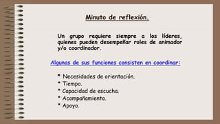 Minuto de reflexión.
Un grupo requiere siempre a los líderes,
quienes pueden desempeñar roles de animador
y/o coordinador.
Algunas de sus funciones consisten en coordinar:
* Necesidades de orientación.
* Tiempo.
* Capacidad de escucha.
* Acompañamiento.
* Apoyo.
 