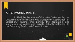 AFTER WORLD WAR II
In 1947, by the virtue of Executive Order No. 94, the
Department of Instruction was changed to "Department of
Education." During this period, the regulation and
supervision of public and private schools belonged to
the Bureau of Public and Private Schools.
 