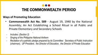 THE COMMONWEALTH PERIOD
Ways of Promoting Education
• Commonwealth Act No. 589 - August 19, 1940 by the National
Assembly; An Act Establishing a School Ritual in all Public and
Private Elementary and Secondary Schools
 