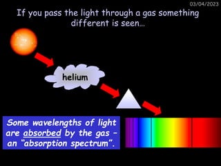 03/04/2023
If you pass the light through a gas something
different is seen…
helium
Some wavelengths of light
are absorbed by the gas –
an “absorption spectrum”.
 