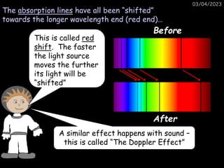 03/04/2023
The absorption lines have all been “shifted”
towards the longer wavelength end (red end)…
After
Before
A similar effect happens with sound –
this is called “The Doppler Effect”
This is called red
shift. The faster
the light source
moves the further
its light will be
“shifted”
 
