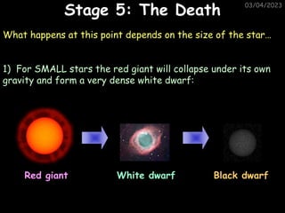 03/04/2023
What happens at this point depends on the size of the star…
1) For SMALL stars the red giant will collapse under its own
gravity and form a very dense white dwarf:
Stage 5: The Death
White dwarf Black dwarf
Red giant
 