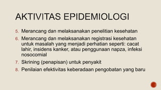 5. Merancang dan melaksanakan penelitian kesehatan
6. Merancang dan melaksanakan registrasi kesehatan
untuk masalah yang menjadi perhatian seperti: cacat
lahir, insidens kanker, atau penggunaan napza, infeksi
nosocomial
7. Skrining (penapisan) untuk penyakit
8. Penilaian efektivitas keberadaan pengobatan yang baru
 