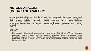METODE ANALOGI
(METHOD OF ANALOGY)
Adanya kemiripan distribusi suatu penyakit dengan penyakit
lain yang telah banyak diteliti secara lebih mendalam,
mengindikasikan adanya kemungkinan penyebab yang
sama.
Contoh:
 Kemiripan distribusi geografis lymphoma Burkit di Afrika dengan
penyakit malaria dan demam kuning (yellow fever), memunculkan
dugaan bahwa vektor serangga turut berperan dalam menimbulkan
lymphoma ini.
 