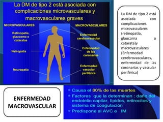 La DM de tipo 2 está
asociada con
complicaciones
microvasculares
(retinopatía,
glaucoma o
catarata)y
macrovasculares
(Enfermedad
cerebrovasculares,
enfermedad de las
coronarias y vascular
periférica)
ENFERMEDAD
MACROVASCULAR
 