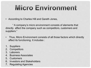 • According to Charles Hill and Gareth Jones,
“ A company’s micro environment consists of elements that
directly affect the company such as competitors, customers and
suppliers.”
• Thus, Micro Environment consists of all those factors which directly
affect its functioning. It includes :
1. Suppliers
2. Competitors
3. Laborers
4. Business Associates
5. Customers
6. Investors and Stakeholders
7. Regulating Agencies
 