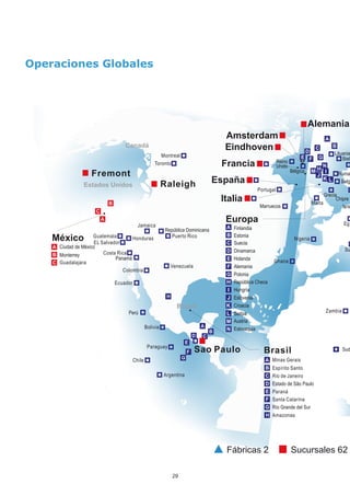 29
Minas Gerais
Brasil
Espírito Santo
Río de Janeiro
Estado de São Paulo
Paraná
Santa Catarina
Río Grande del Sur
Amazonas
H
A
B
C
E
F
G
H
D
Guadalajara
M
M Austria
Malta
N
N Eslovaquia
Fremont
Raleigh
Sao Paulo
Puerto Rico
Guatemala
EL Salvador
Costa Rica
Venezuela
Colombia
Ecuador
Argentina
Paraguay Sud
Su
Suecia
Reino
Unido
Lituania
Estonia
Hungría
Grecia
Belg
Ruma
Biel
República Checa
Dinamarca
Polonia
Holanda
Isra
Eg
Montreal
Honduras
Alemania
Portugal
Jamaica
Toronto
Chile
Croacia
Chipre
Bélgica
Serbia
Eslovenia
Ghana
Nigeria
Zambia
Bolivia
Estados Unidos
Brasil
Operaciones Globales
Minas Gerais
Brasil
Espírito Santo
Rio de Janeiro
São Paulo State
Paraná
Santa Catarina
Rio Grande do Sul
Amazonas
H
A
B
C
E
F
G
H
D
Mexico
Mexico City
Monterey
Guadalajara
Spain
France
Italy
M
M Austria
Malta
N
N Slovakia
Branch Offic
Factories 2
Fremont
Raleigh
Sao Paulo
Amsterdam
Puerto Rico
Republica Dominicana
Guatemala
EL Salvador
Costa Rica
Venezuela
Colombia
Ecuador
Peru
Argentina
Paraguay
Estonia
Hungary
Greece
Czech
Denmark
Poland
Netherlands
Montreal
Honduras
Panama
Germany
Portugal
Jamaica
Toronto
Chile
Croatia
C
Belgium
Serbia
Slovenia
Ghana
Nigeria
Zambi
Europe
Bolivia
USA
Canada Eindhoven
Brasil
Alemania
Amsterdam
Eindhoven
Francia
España
México
Italia
Europa
Canadá
Ciudad de México
Panamá
Monterrey
Perú
República Dominicana
Marruecos
Finlandia
Fábricas 2 Sucursales 62
 