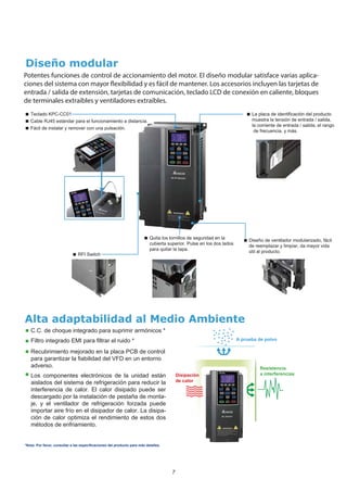 7
Alta adaptabilidad al Medio Ambiente
 C.C. de choque integrado para suprimir armónicos *
Filtro integrado EMI para filtrar el ruido *

 Recubrimiento mejorado en la placa PCB de control
para garantizar la fiabilidad del VFD en un entorno
adverso.

 Teclado KPC-CC01
 Cable RJ45 estándar para el funcionamiento a distancia.
 Fácil de instalar y remover con una pulsación.
 La placa de identificación del producto
muestra la tensión de entrada / salida,
la corriente de entrada / salida, el rango
de frecuencia, y más.
 Quita los tornillos de seguridad en la
cubierta superior. Pulse en los dos lados
para quitar la tapa.
 RFI Switch
 Diseño de ventilador modularizado, fácil
de reemplazar y limpiar, da mayor vida
útil al producto.
A prueba de polvo
Resistencia
a interferencias
Disipación
de calor
Diseño modular
Potentes funciones de control de accionamiento del motor. El diseño modular satisface varias aplica-
ciones del sistema con mayor flexibilidad y es fácil de mantener. Los accesorios incluyen las tarjetas de
entrada / salida de extensión, tarjetas de comunicación, teclado LCD de conexión en caliente, bloques
de terminales extraíbles y ventiladores extraíbles.
Los componentes electrónicos de la unidad están
aislados del sistema de refrigeración para reducir la
interferencia de calor. El calor disipado puede ser
descargado por la instalación de pestaña de monta-
je, y el ventilador de refrigeración forzada puede
importar aire frío en el disipador de calor. La disipa-
ción de calor optimiza el rendimiento de estos dos
métodos de enfriamiento.
*Nota: Por favor, consultar a las especificaciones del producto para más detalles.
 