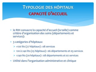  le RIH consacre la capacité d’accueil (la taille) comme
critère d’organisation des soins (départements et
services):
 3 catégories d’hôpitaux:
 <120 lits (77 hôpitaux) : 08 services
 120 à 240 lits (25 hôpitaux) : 06 départements et 03 services
 >240 lits (20 hôpitaux) : 08 départements et 02 services
 Utilité dans l’organisation administrative et clinique
TYPOLOGIE DES HÔPITAUX
CAPACITÉ D’ACCUEIL
 