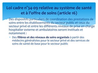  Des dispositifs particuliers de coordination des prestations de
soins entre les établissements du secteur public et ceux du
secteur privé et entre les différents niveaux de prise en charge
hospitalier externe et ambulatoires seront institués et
notamment :
 Des filières et des niveaux de soins organisés à partir des
médecins généralistes pour le secteur privé et des services de
soins de santé de base pour le secteur public
Loi cadre n°34-09 relative au système de santé
et à l’offre de soins (article 16)
 