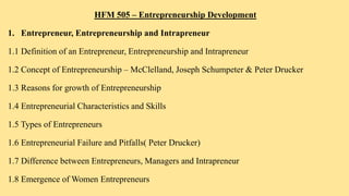HFM 505 – Entrepreneurship Development
1. Entrepreneur, Entrepreneurship and Intrapreneur
1.1 Definition of an Entrepreneur, Entrepreneurship and Intrapreneur
1.2 Concept of Entrepreneurship – McClelland, Joseph Schumpeter & Peter Drucker
1.3 Reasons for growth of Entrepreneurship
1.4 Entrepreneurial Characteristics and Skills
1.5 Types of Entrepreneurs
1.6 Entrepreneurial Failure and Pitfalls( Peter Drucker)
1.7 Difference between Entrepreneurs, Managers and Intrapreneur
1.8 Emergence of Women Entrepreneurs
 