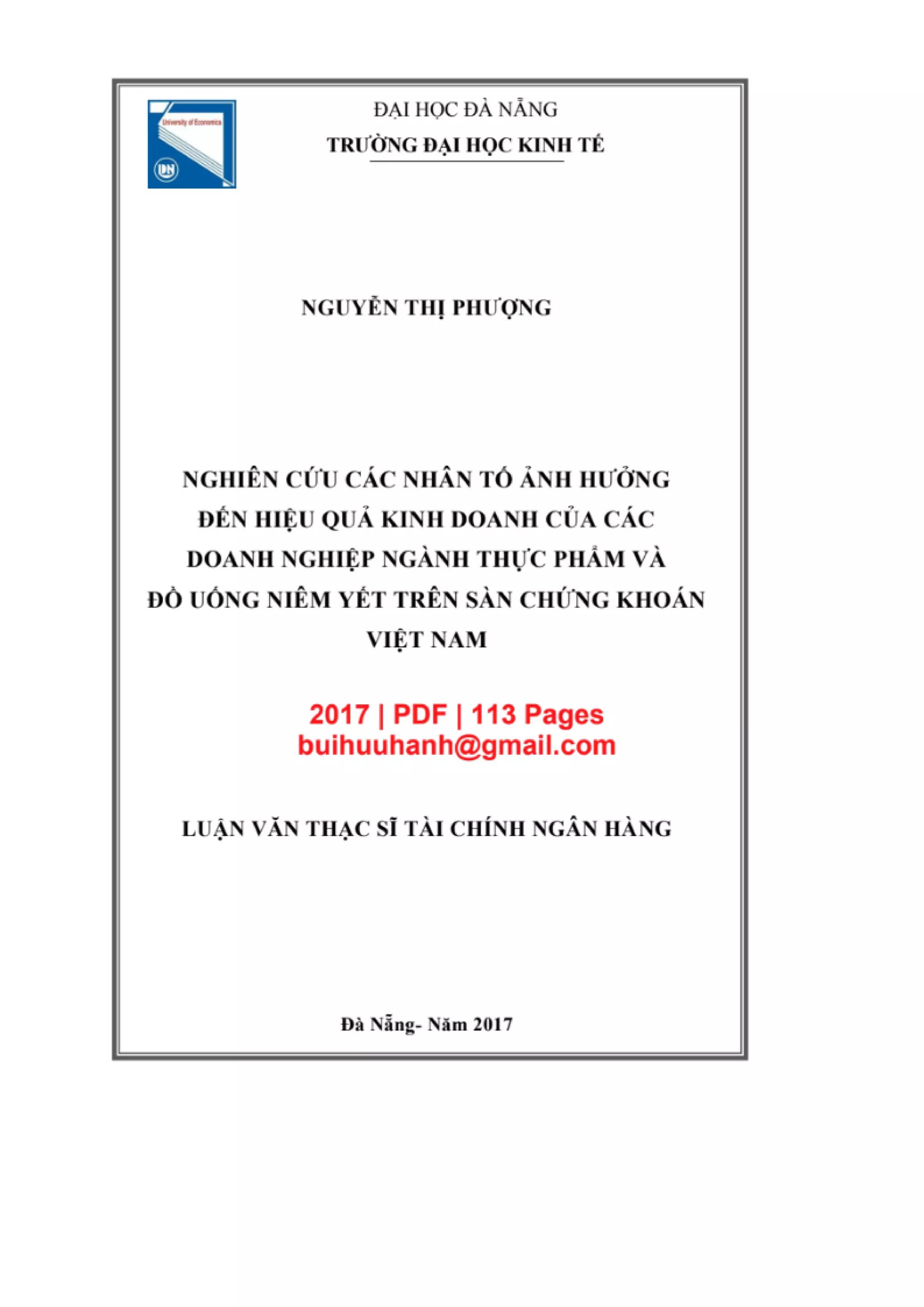 LUẬN VĂN THẠC SĨ: NGHIÊN CỨU CÁC NHÂN TỐ ẢNH HƯỞNG ĐẾN HIỆU QUẢ KINH DOANH CỦA CÁC DOANH NGHIỆP NGÀNH THỰC PHẨM VÀ ĐỒ UỐNG NIÊM YẾT TRÊN SÀN CHỨNG KHOÁN VIỆT NAM