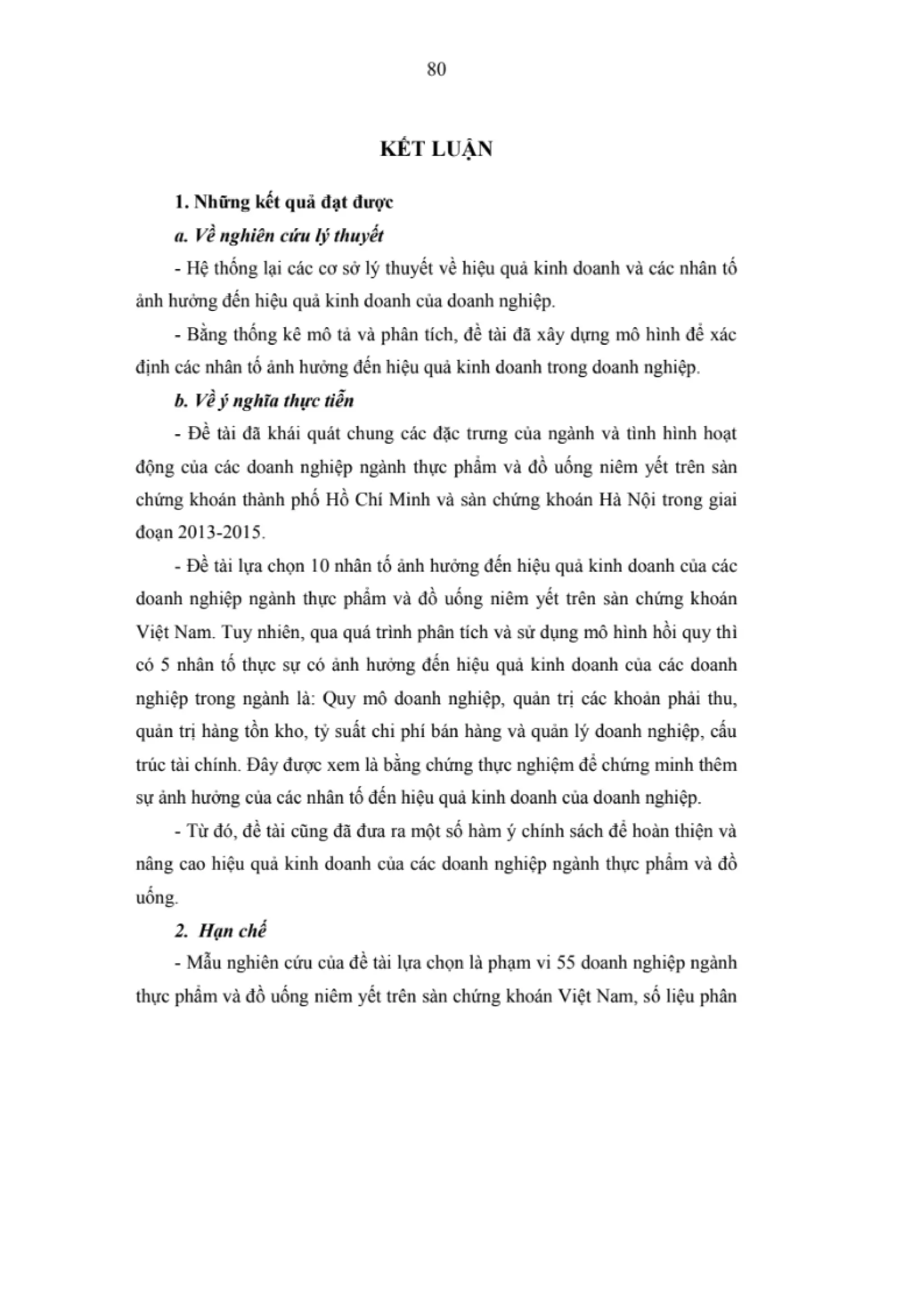 LUẬN VĂN THẠC SĨ: NGHIÊN CỨU CÁC NHÂN TỐ ẢNH HƯỞNG ĐẾN HIỆU QUẢ KINH DOANH CỦA CÁC DOANH NGHIỆP NGÀNH THỰC PHẨM VÀ ĐỒ UỐNG NIÊM YẾT TRÊN SÀN CHỨNG KHOÁN VIỆT NAM